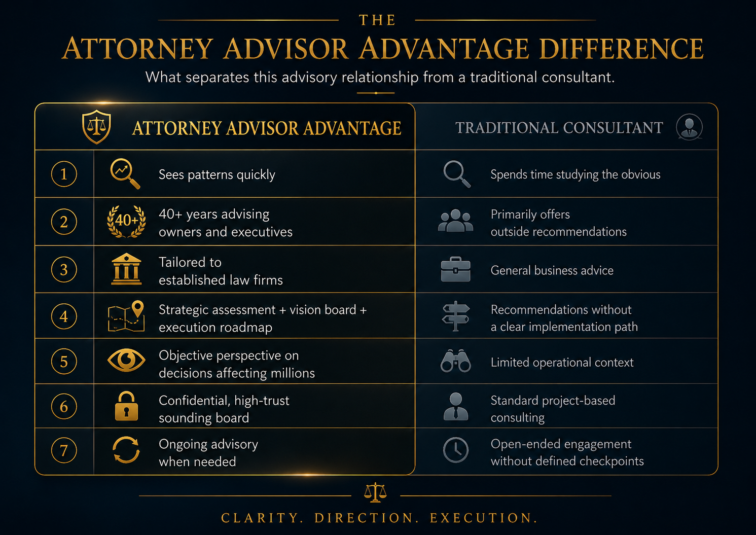 The Attorney Advisor Advantage Difference — what separates this advisory relationship from a traditional consultant