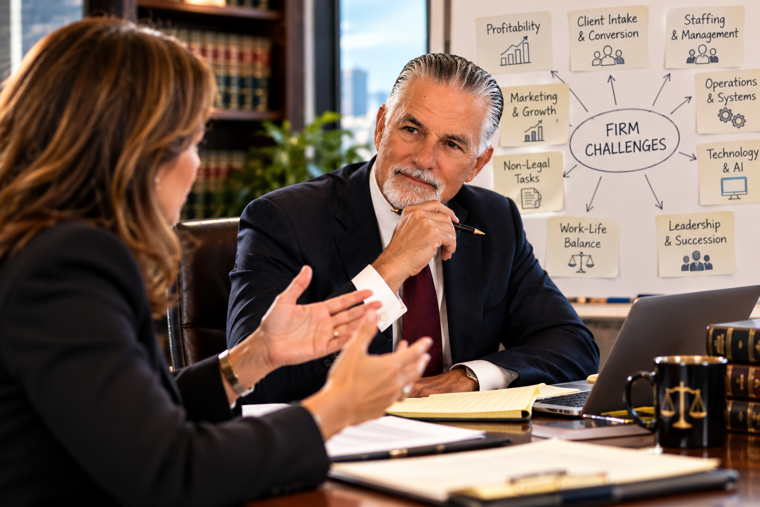 James Wittmack listening to a law-firm leader while business issues are organized visually on a whiteboard.